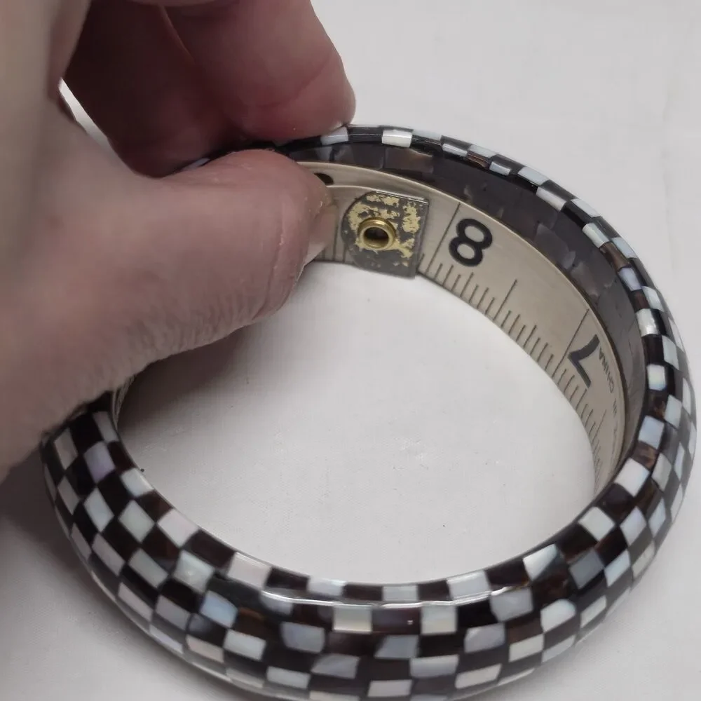 Vintage Mother of pearl Checkered Mosaic Marquetry Bangle Bracelet White & Brown